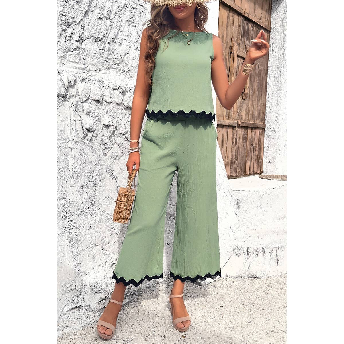 Two Pieces Printed Sleeveless Pockets Sets: BEIGE / L
