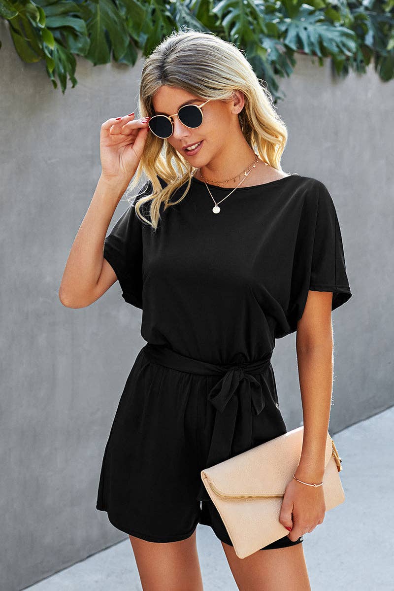 Boat Neck Short Sleeve Waist Tie Loose Romper: NAVY / L