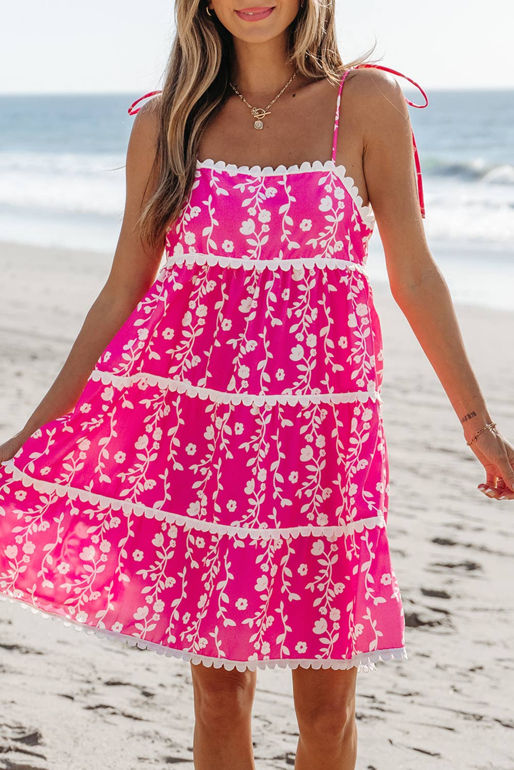 LDC Floral Print Ric Rac Patched Sleeveless Mini Dress: Pink / S