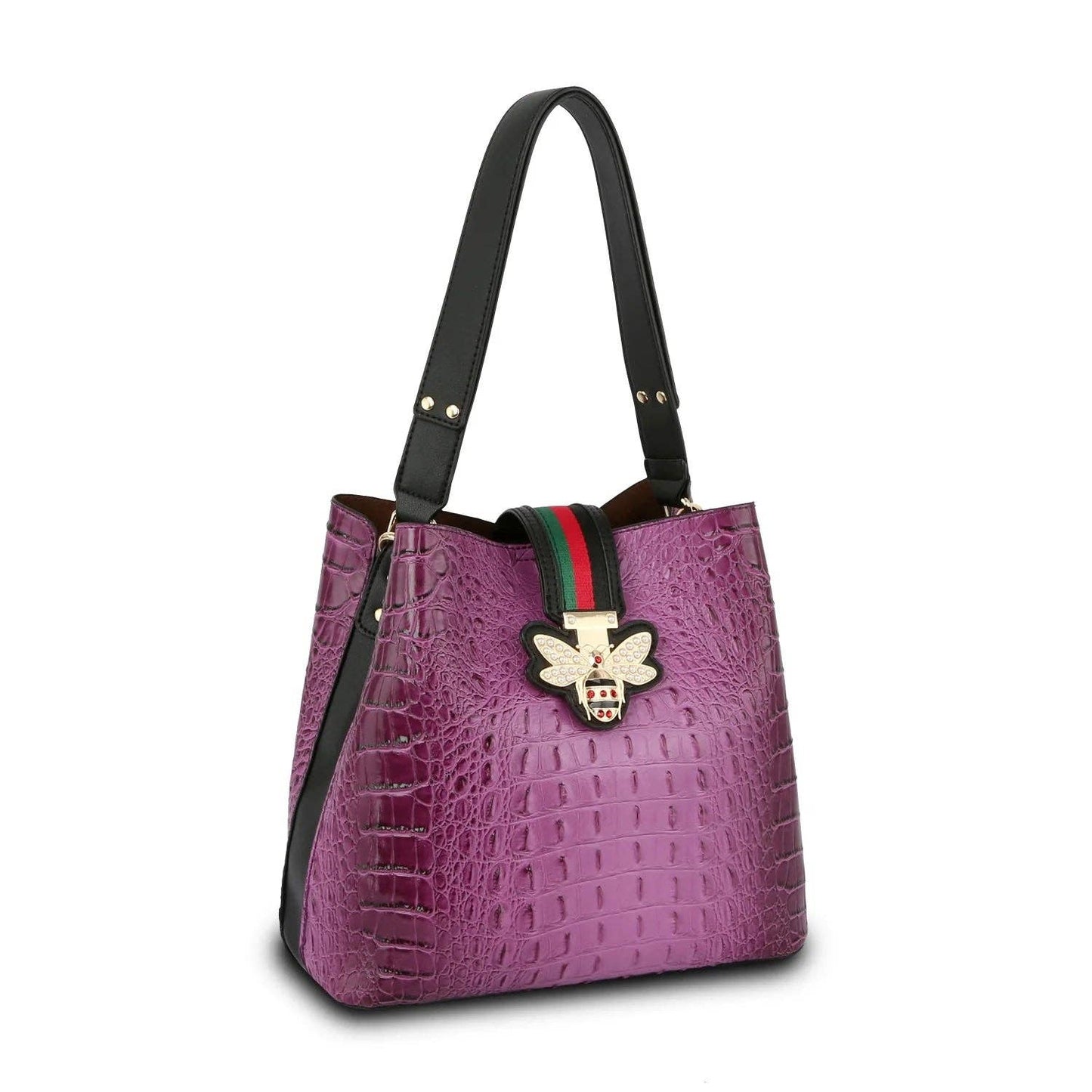 DS0673 FASHION CROCO BEE STRIPE HOBO HANDBAG: RED