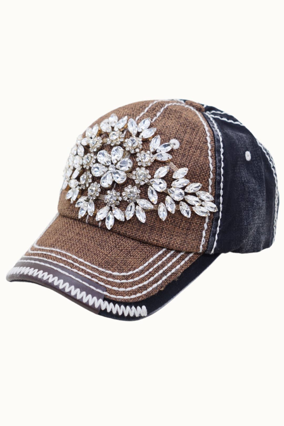 Diamond Bejeweled Bling Glitz Textured Cap, Adjustable: Natural