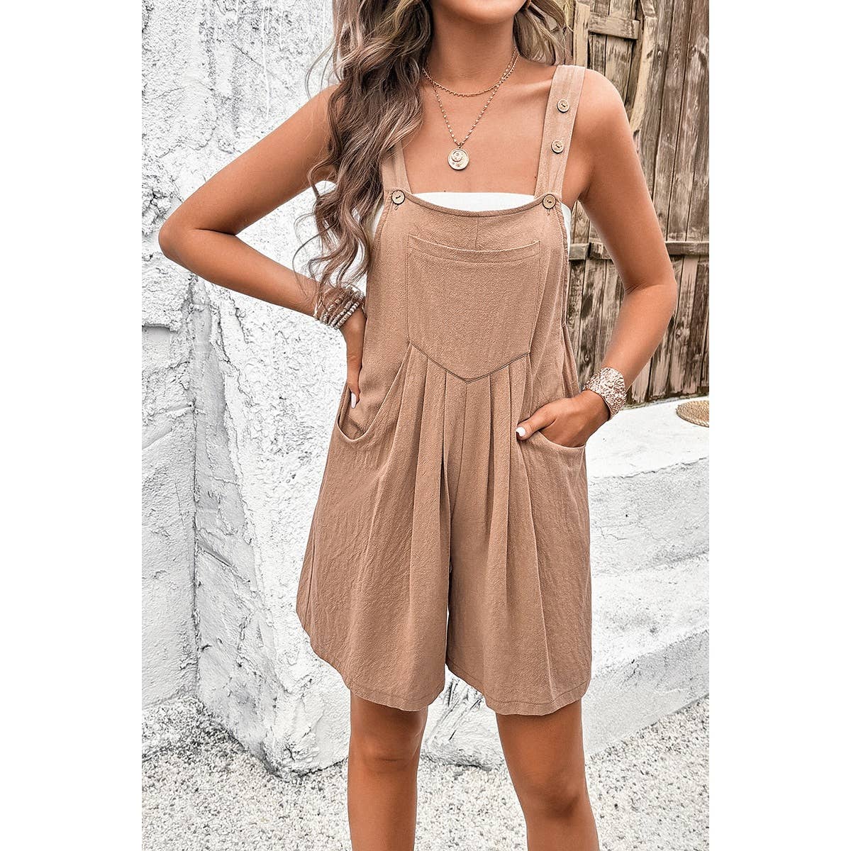 Square Neck Pockets Button Tirm Ruched Romper: BEIGE / M