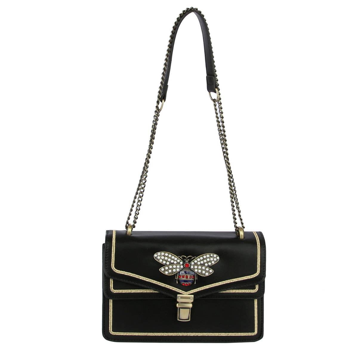 Black Bee Dual Compartment Shoulder Bag: Black / Faux Leather / 9.25 x 6 x 4 inches