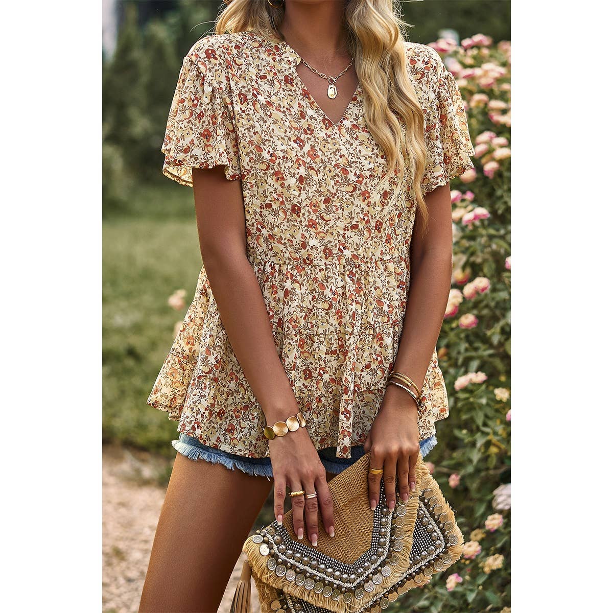 Floral Print Tie Neck Babydoll Blouse: APRICOT / L