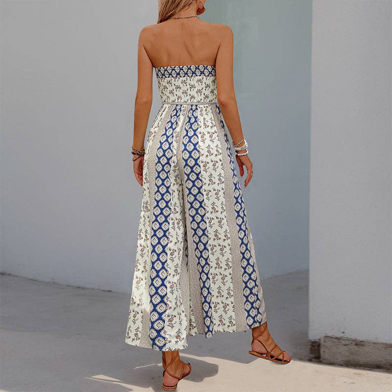Strapless Smocked Romper Tube Top Flare Trousers Jumpsuit: Black / 100%Viscose / XL