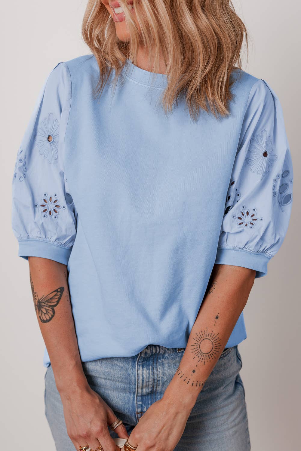 LDC Eyelet Flower Embroidered Patched Sleeve Blouse: Beau Blue / M