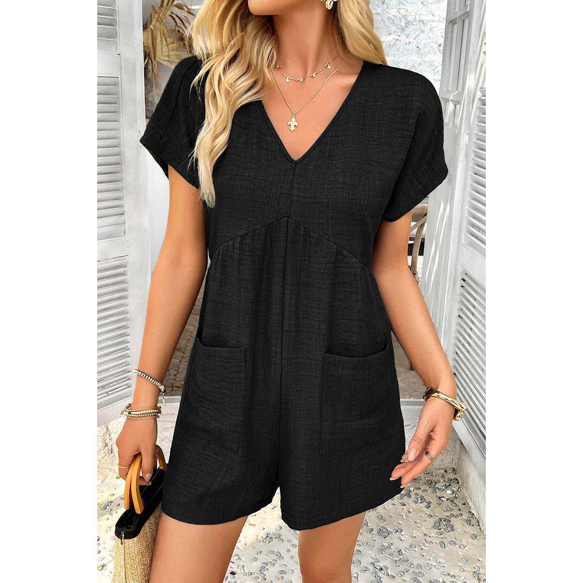 Solid Deep V Neck Drop Shoulder Loose Pockets Romper: BLACK / XL