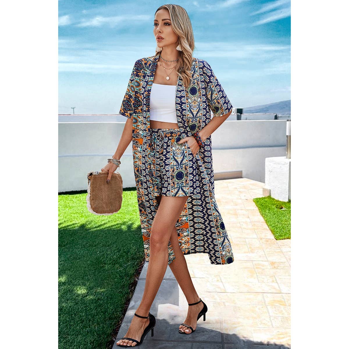 Allover Print Drop Shoulder Kimono And Shorts: NAVY / S