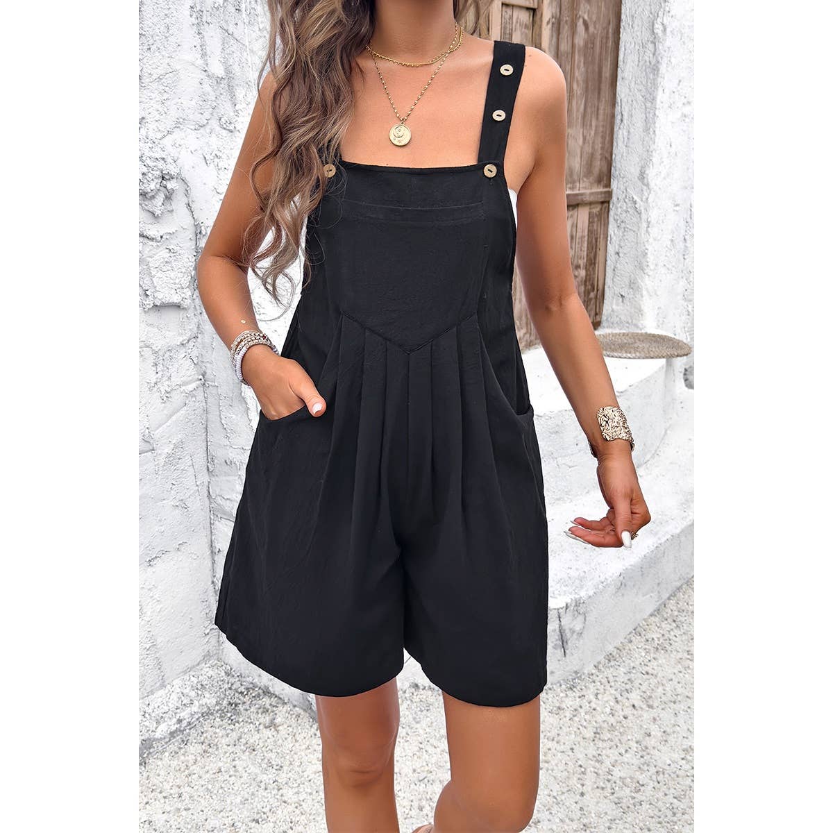 Square Neck Pockets Button Tirm Ruched Romper: BLACK / M