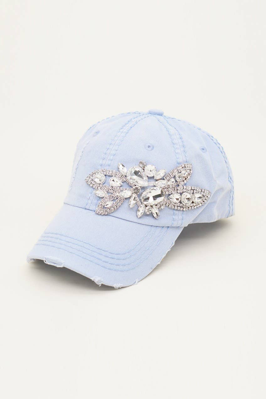 Floral Bejeweled Bling Glitz Cap, Adjustable: Black