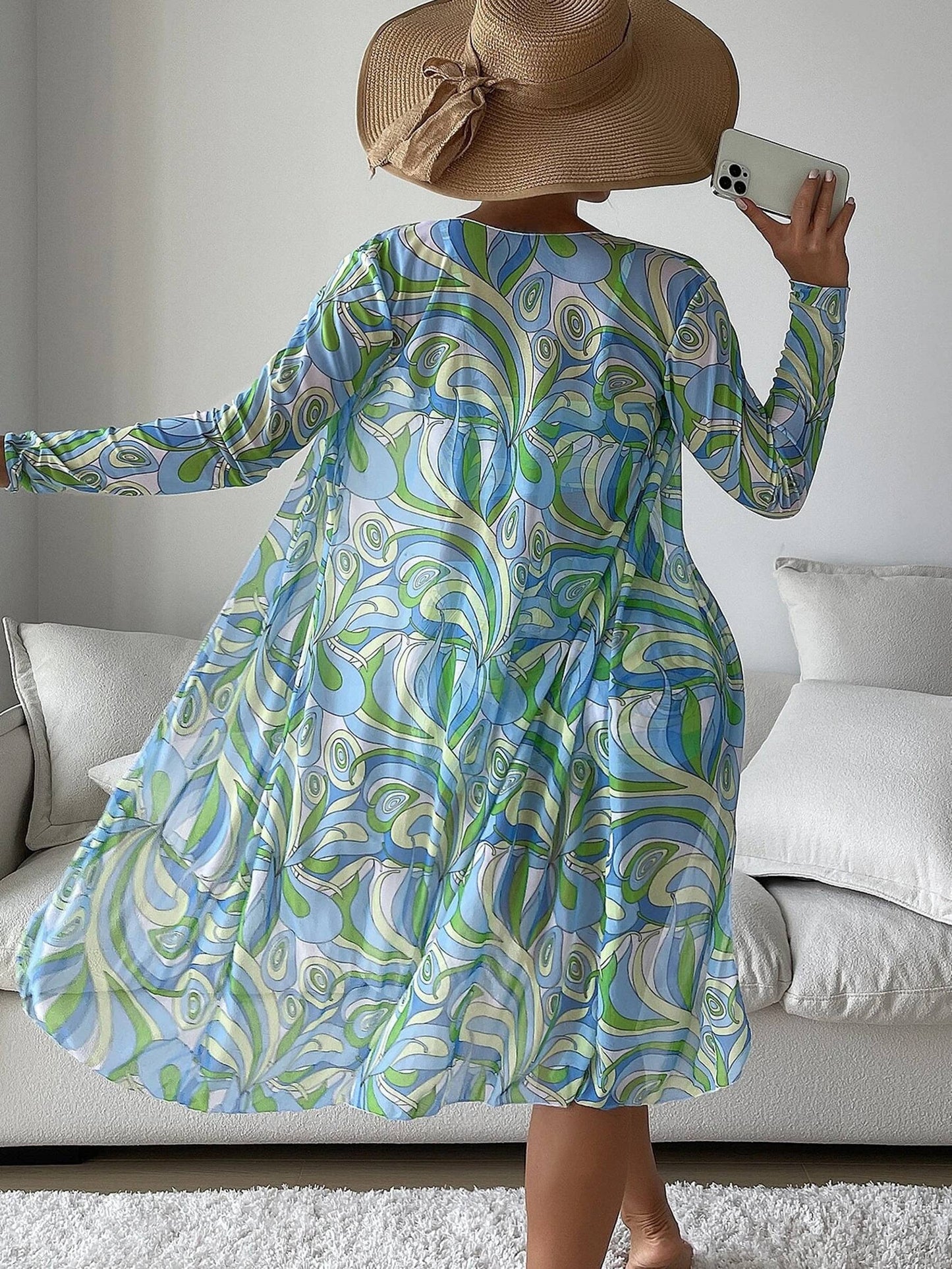 Swimsuit Split Three Piece Set High Waisted Long Sleeved Top: Orange / L