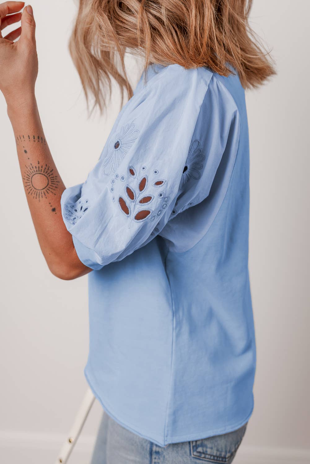 LDC Eyelet Flower Embroidered Patched Sleeve Blouse: Beau Blue / L