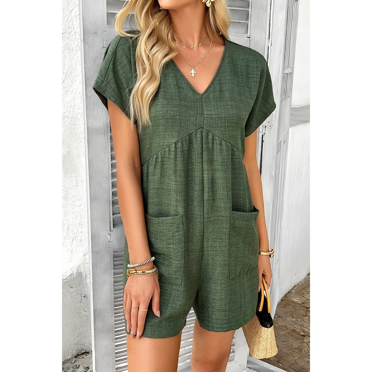 Solid Deep V Neck Drop Shoulder Loose Pockets Romper: BEIGE / M