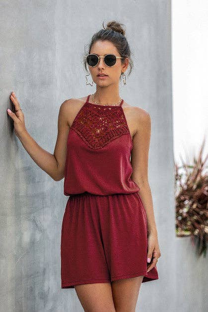 Solid Halter Lace Sleeveless Patchwork Romper: WINE / M