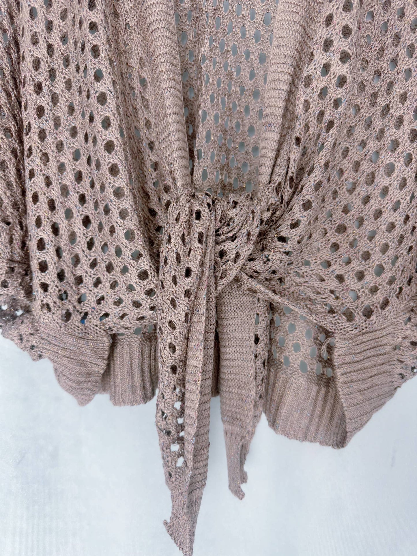 JC063344 Eyelet Open-Knit Metallic Cardigan with Front Tie: Mocha