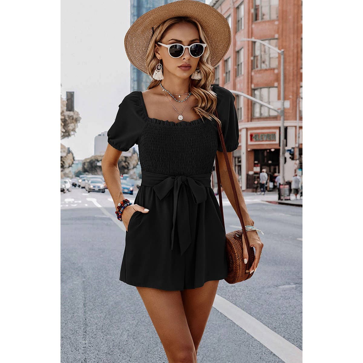 Solid Smocked Square Neck Waist Tie Romper: GREY BLUE / S