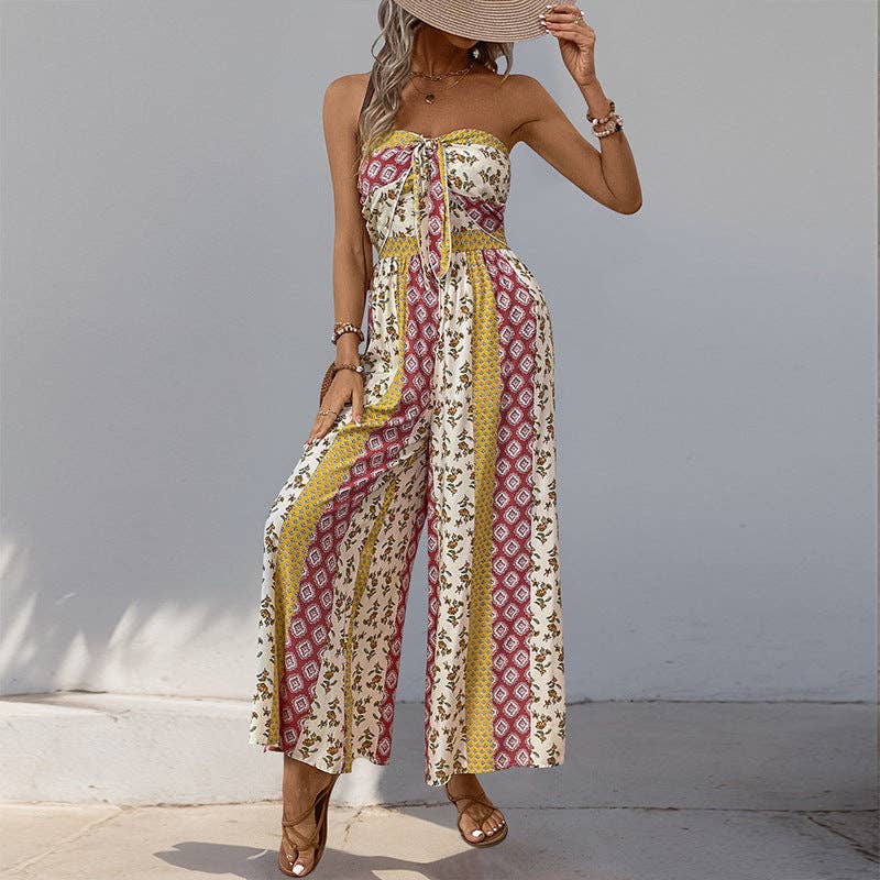 Strapless Smocked Romper Tube Top Flare Trousers Jumpsuit: Black / 100%Viscose / XL