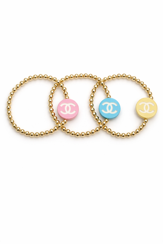 5MM Gold Beaded Bracelet: Pink / 7.5"