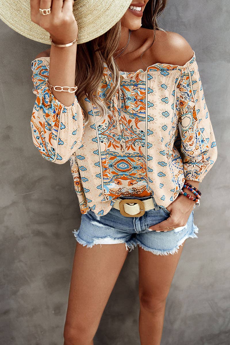 Feminine Graphic Off Shoulder Top: ORANGE / M
