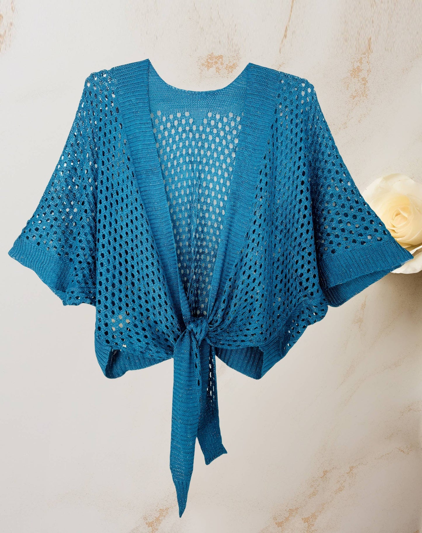 JC063344 Eyelet Open-Knit Metallic Cardigan with Front Tie: Mocha