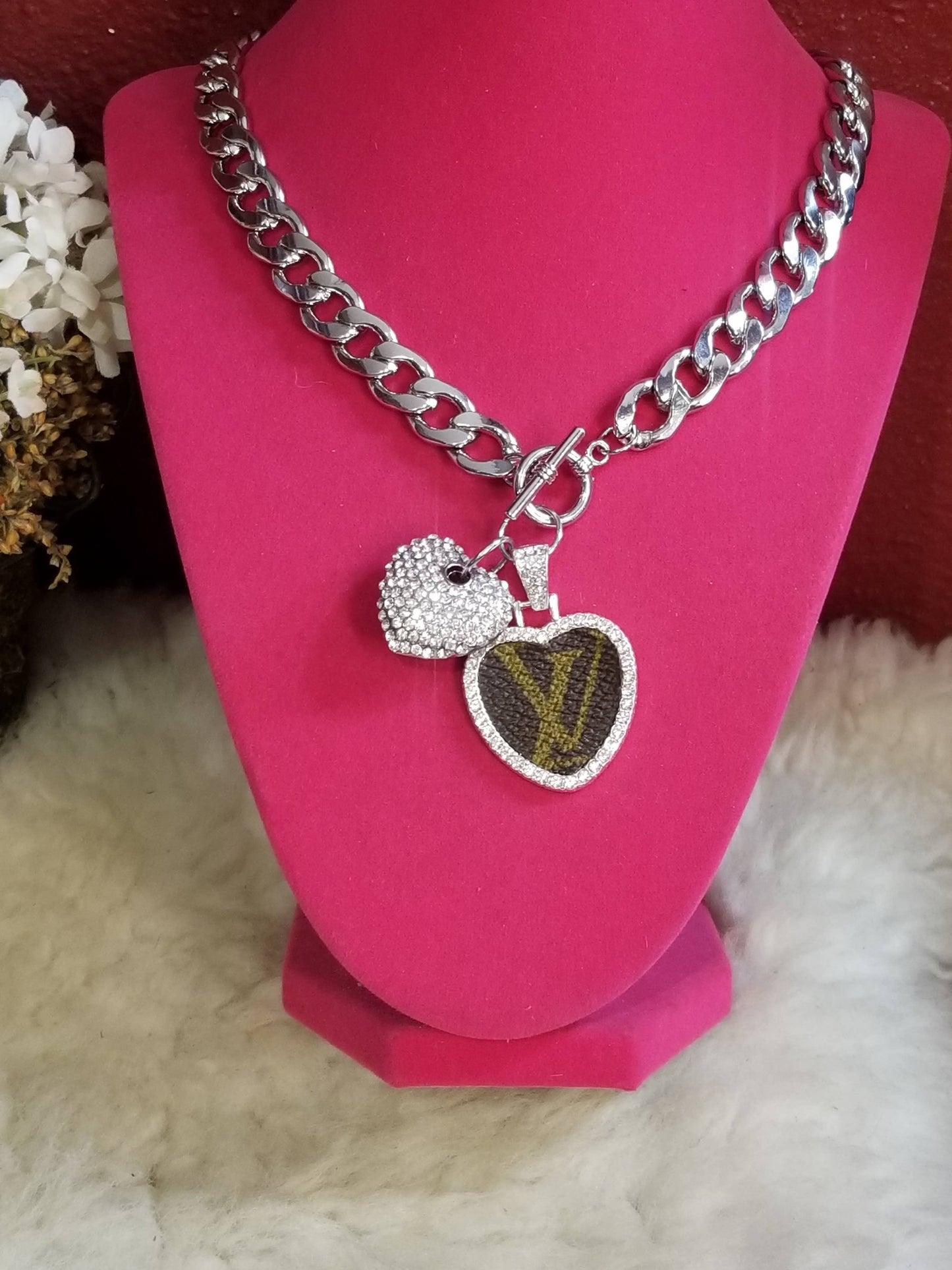 Authentic upcycled canvas Chunky chain necklace w heart: Gold
