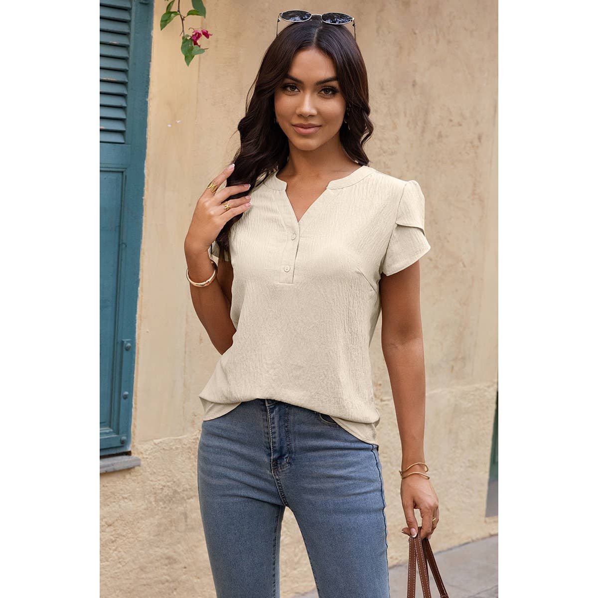 V Neck Puff Notched Short Sleeve Button Down Shirt: BEIGE / L