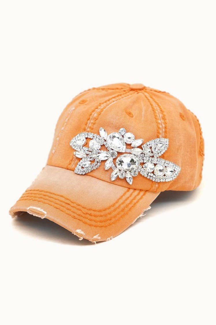 Floral Bejeweled Bling Glitz Cap, Adjustable: Black