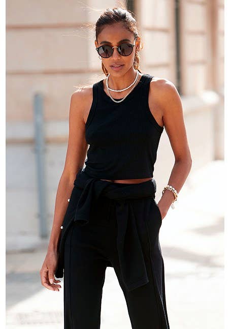 LASCANA Women's 2 Pk Crop Tank Tops: Black & White / 12/14