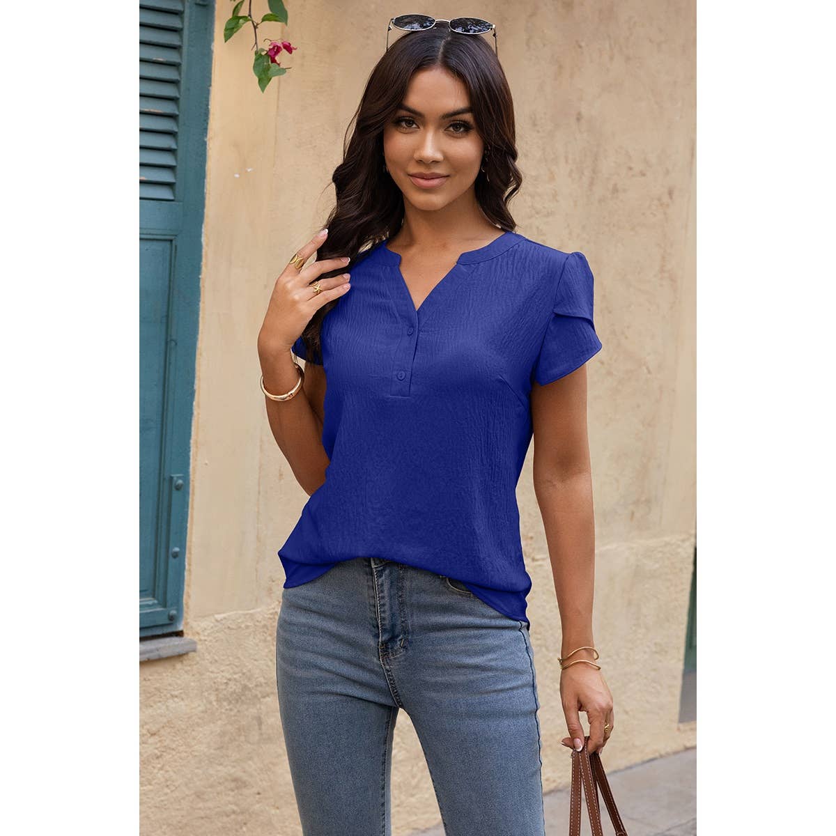 V Neck Puff Notched Short Sleeve Button Down Shirt: BEIGE / M