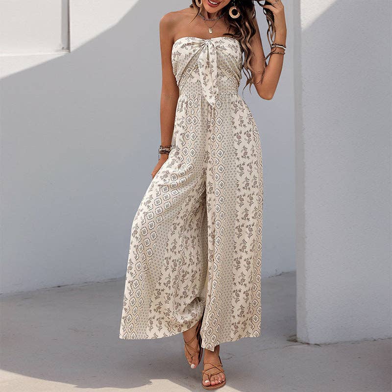 Strapless Smocked Romper Tube Top Flare Trousers Jumpsuit: Black / 100%Viscose / XL