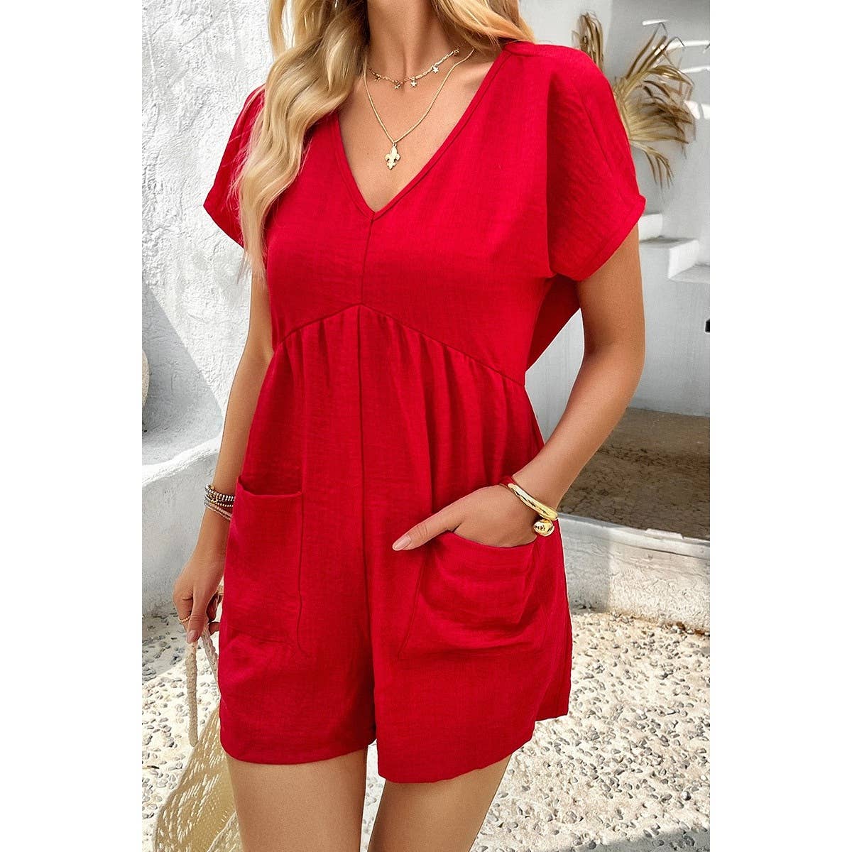 Solid Deep V Neck Drop Shoulder Loose Pockets Romper: BEIGE / M
