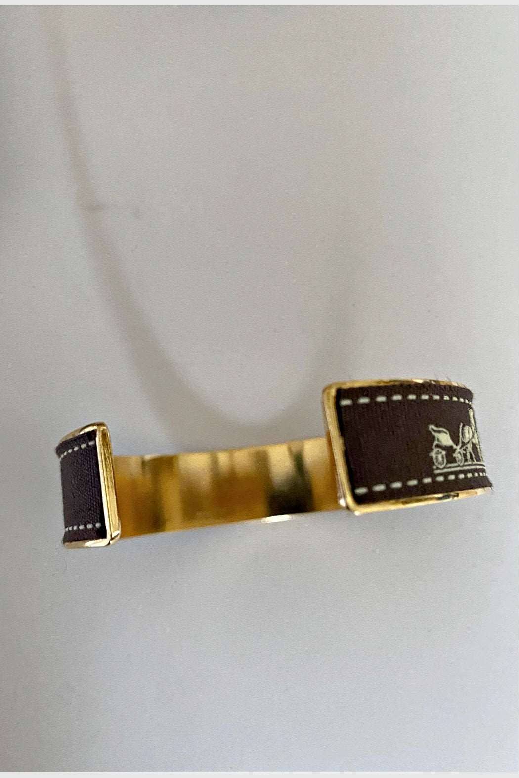 Hermes Brown Ribbon Up-Cycled 18K Gold Plated Cuff: Gold
