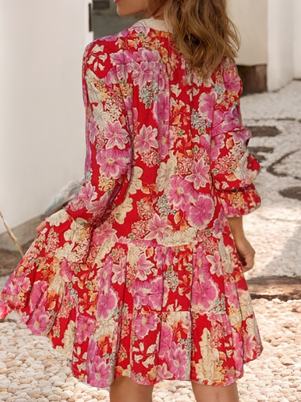 LDC Floral Print High Waist V Neck Babydoll Mini Dress: Red / XL