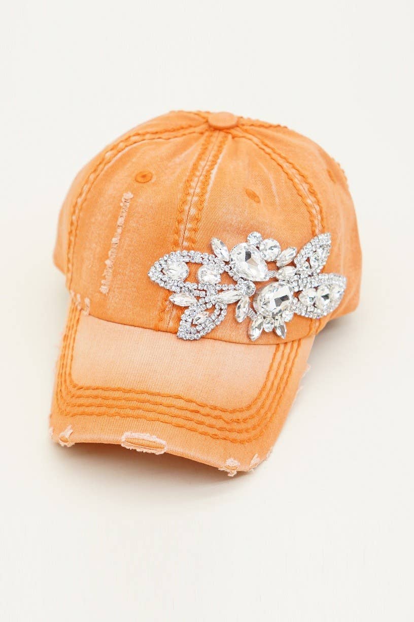 Floral Bejeweled Bling Glitz Cap, Adjustable: Black