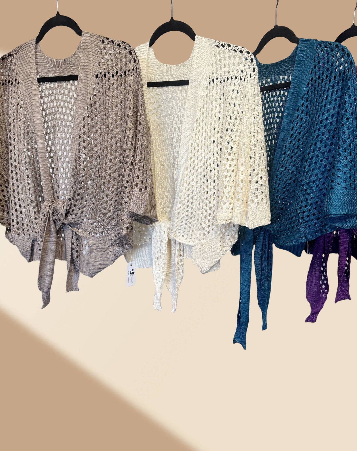 JC063344 Eyelet Open-Knit Metallic Cardigan with Front Tie: Mocha