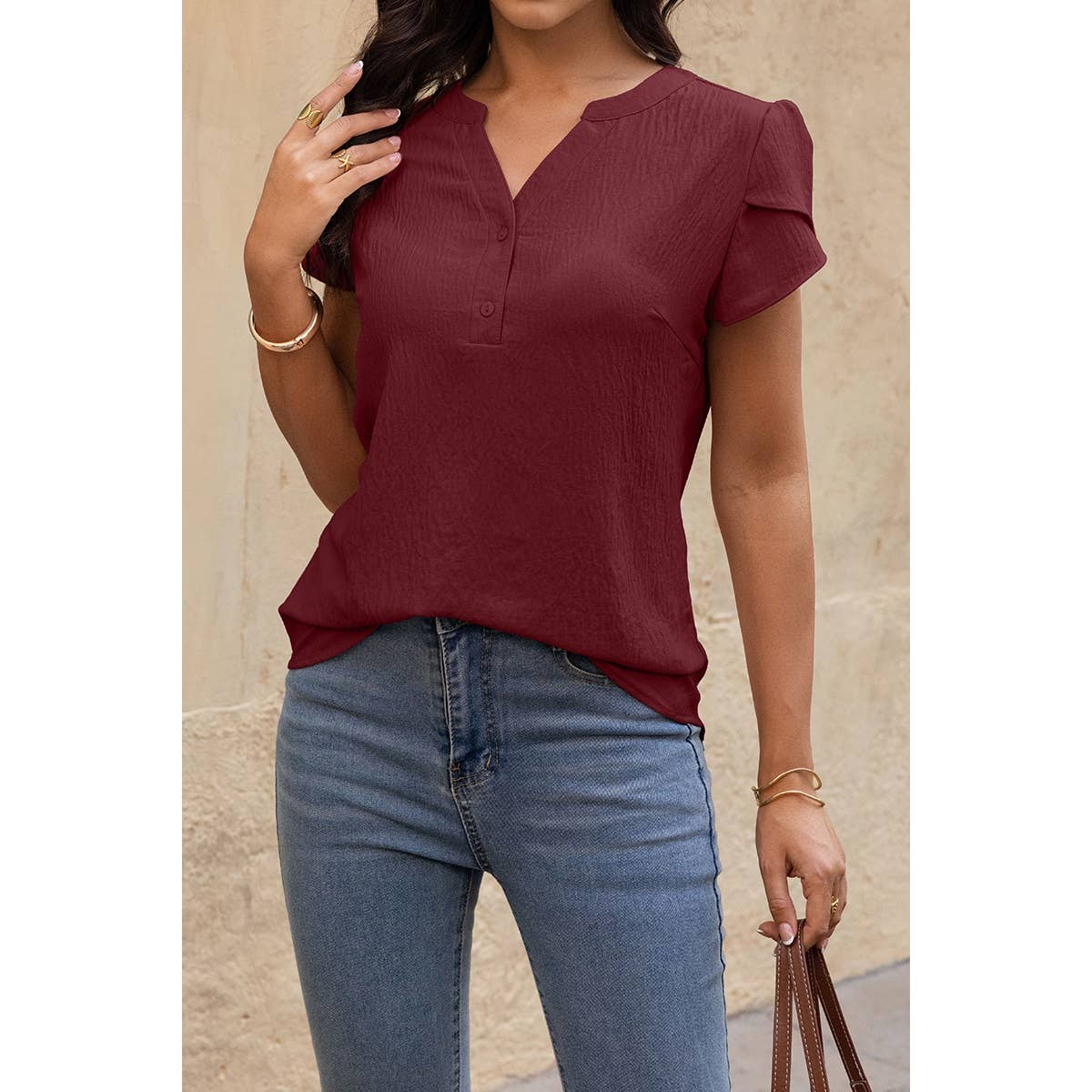 V Neck Puff Notched Short Sleeve Button Down Shirt: BEIGE / XL