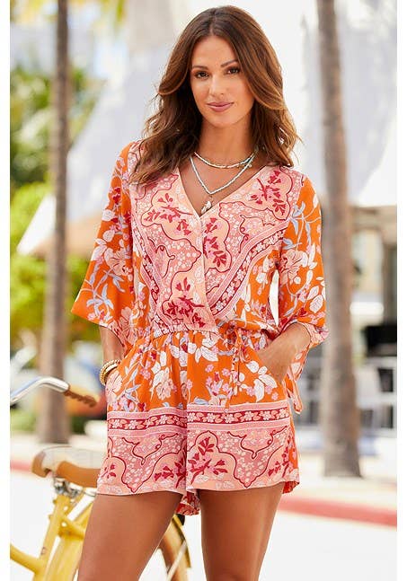 LASCANA Women's Floral Wrap Look Romper: Orange Multi / 14