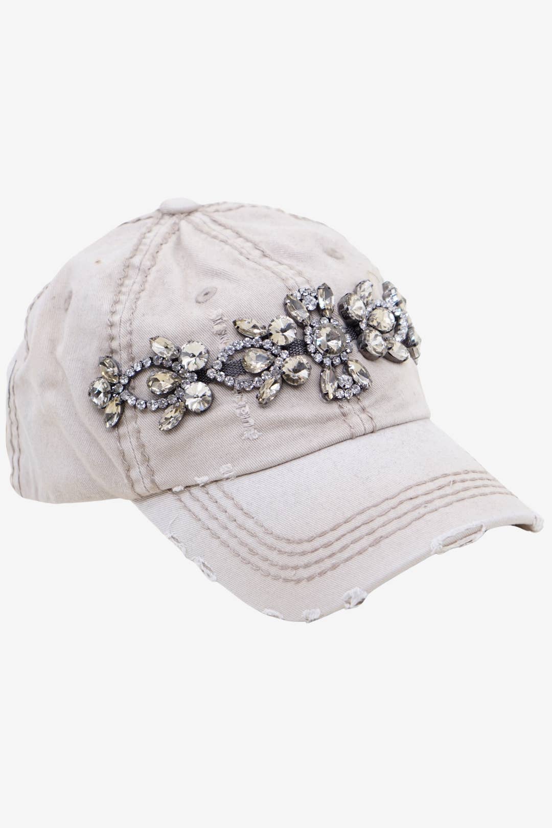 Bejeweled Bling Glitz Distressed Cap, Adjustable: Black