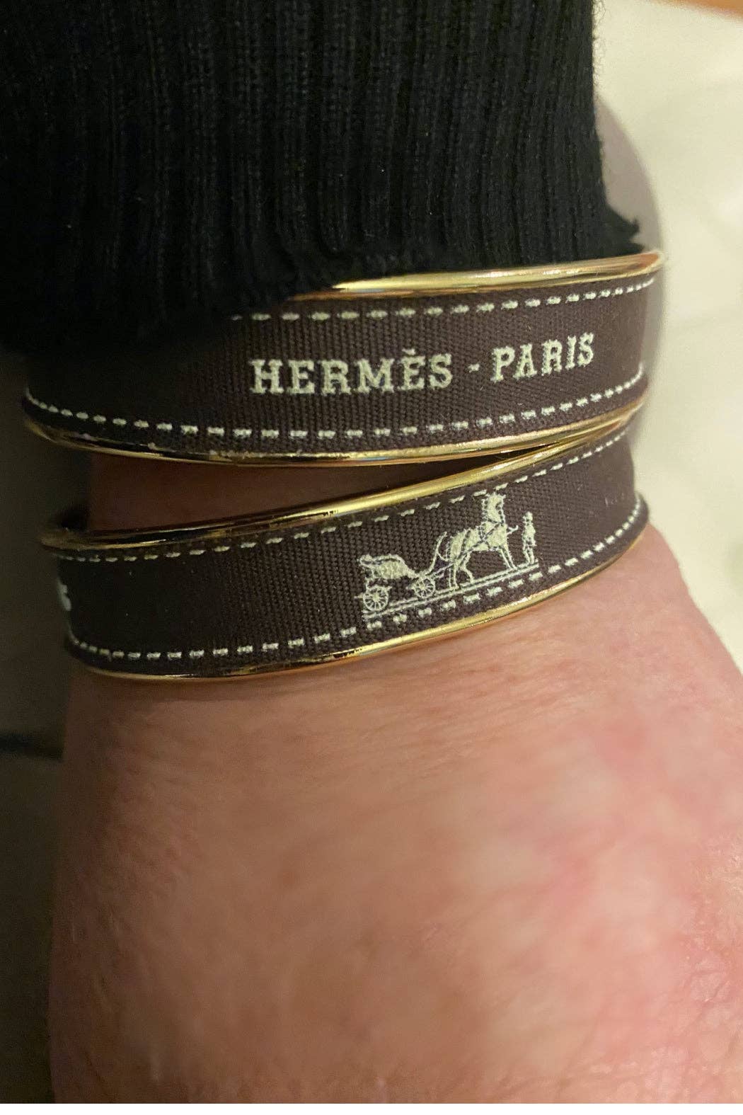 Hermes Brown Ribbon Up-Cycled 18K Gold Plated Cuff: Gold