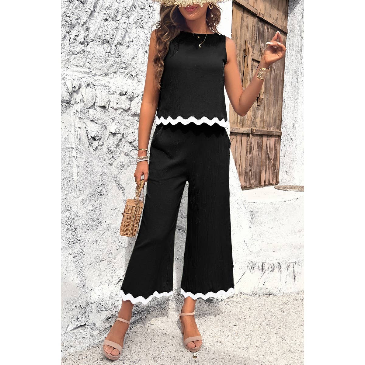 Two Pieces Printed Sleeveless Pockets Sets: BEIGE / L