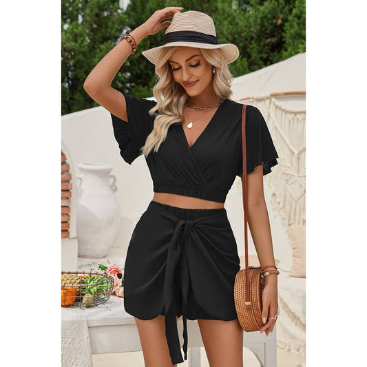 Two Pieces Cross Knot Elastic Waist Soild Sets: BLACK / S