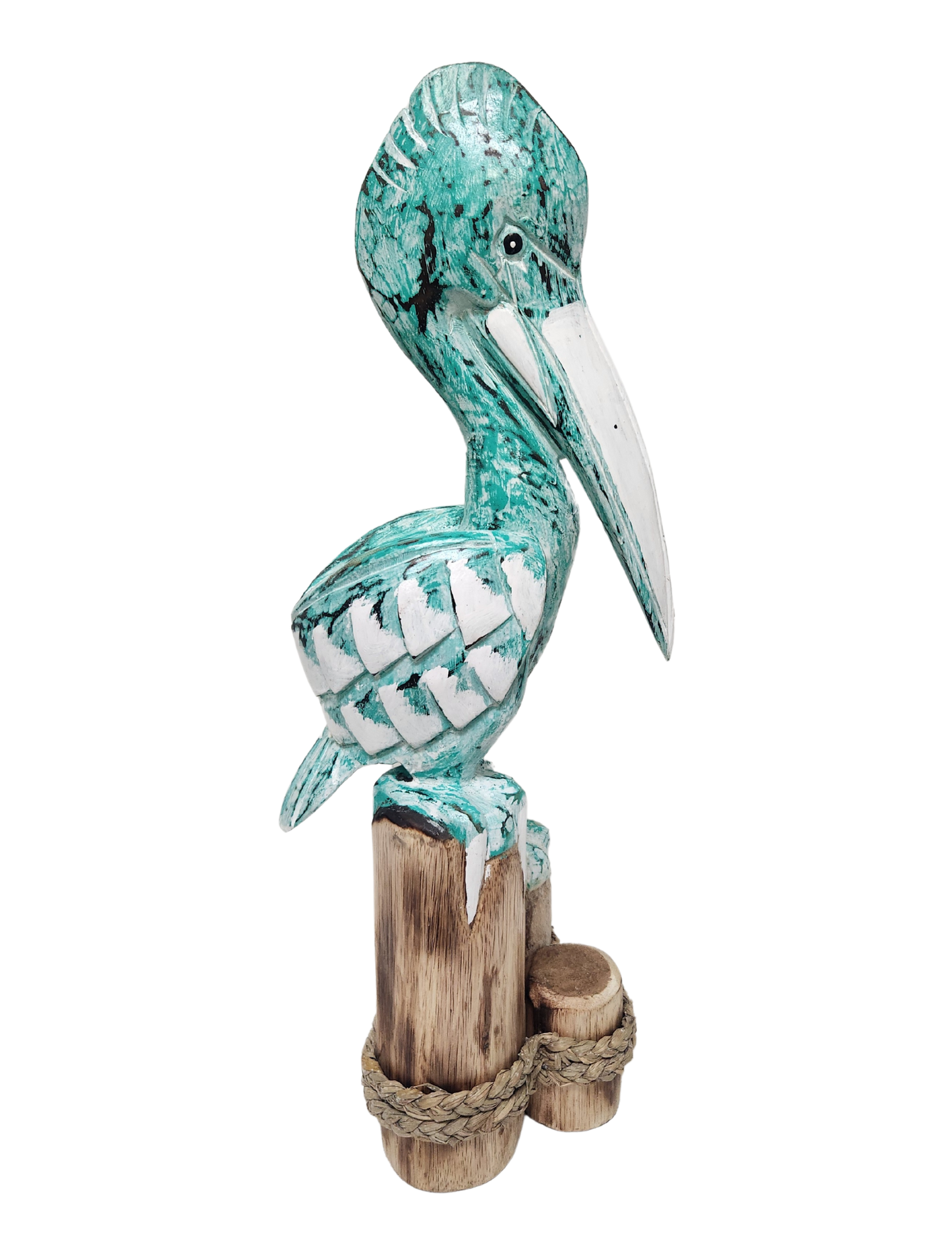 25" Tall Three Post Hand Carved Nautical Wood Pelican Statue: Teal