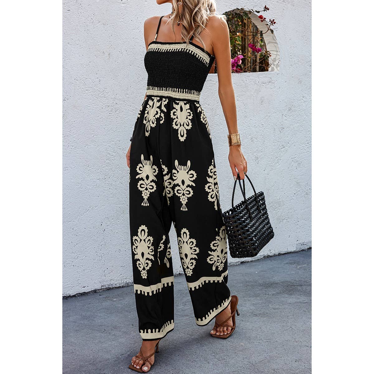 Geo Print Off Shoulder High Waist Fit Jumpsuit: Khaki / L
