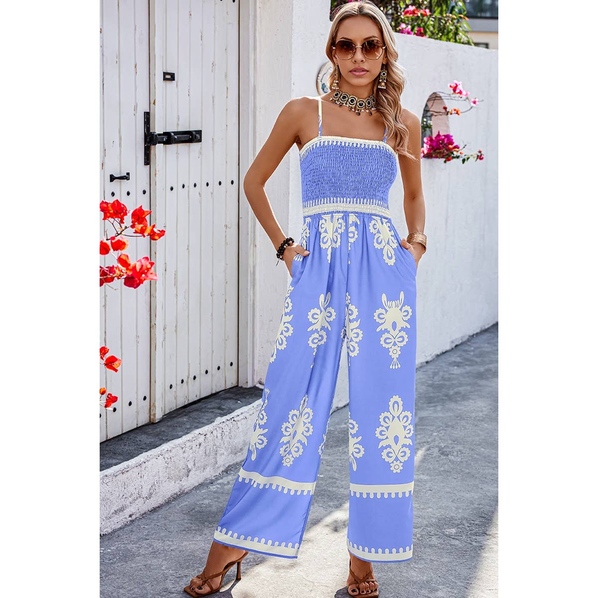 Geo Print Off Shoulder High Waist Fit Jumpsuit: Khaki / M
