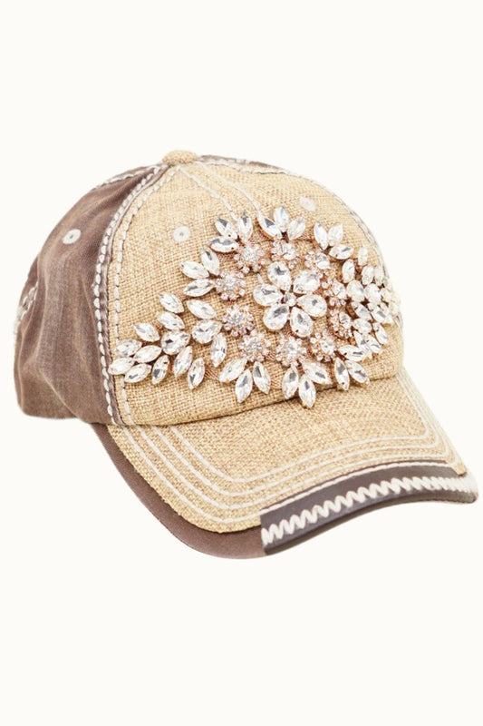 Diamond Bejeweled Bling Glitz Textured Cap, Adjustable: Natural