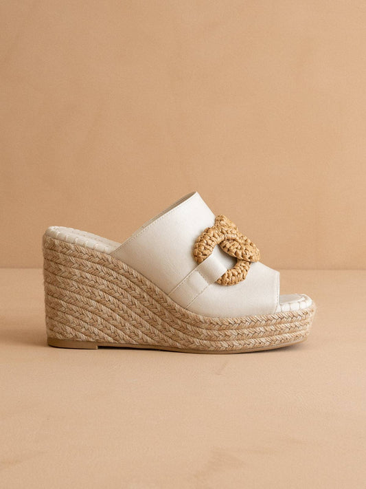 The Aime | White Wedge Slide with Raffia Detail: WHITE / 10