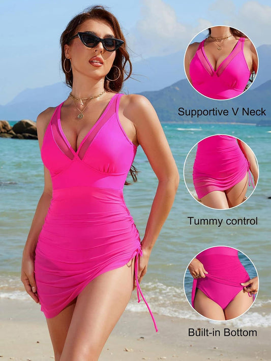 Mesh Drawstring Sexy Slim Fit One-piece Swimsuit: Pink / S