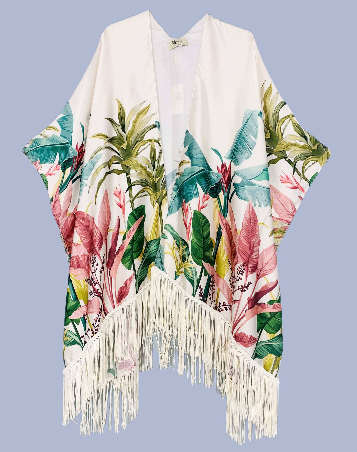 JC083317 Silky Green-Pink Tropical Tassel Kimono