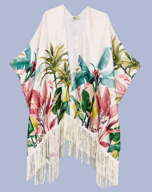 JC083317 Silky Green-Pink Tropical Tassel Kimono