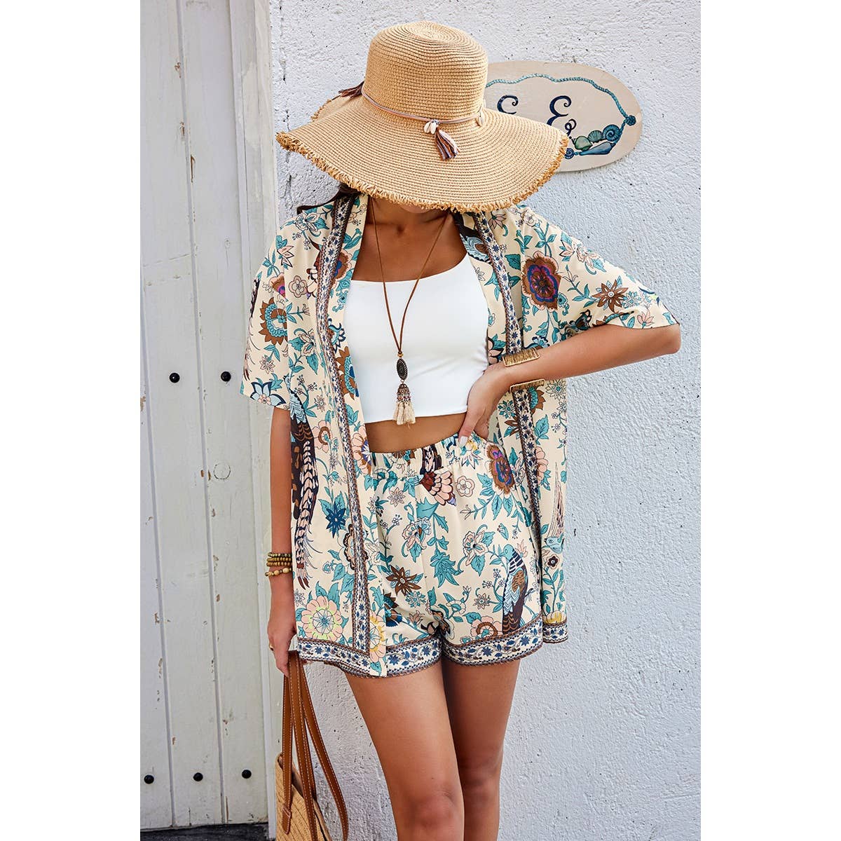 Two Pieces Floral Print Boheme Pocket Elastic Sets: BEIGE GREEN / S